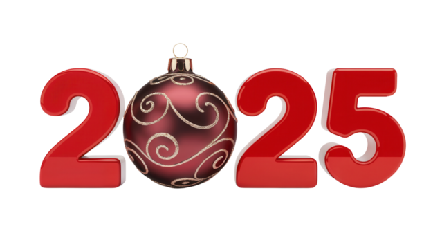 Red 2025 numbers with a festive christmas ornament in place of the zero isolated on transparent background