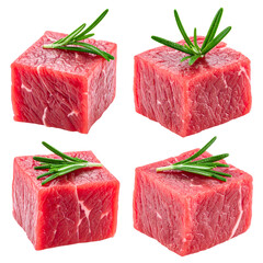 Four raw, cubed steaks garnished with sprigs of fresh, green rosemary on a transparent background