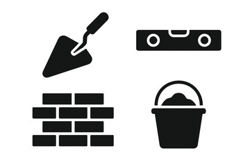 Construction tools: trowel, spirit level, brick wall, bucket icons