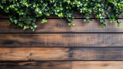 Wooden background with empty space for text with green leaves .