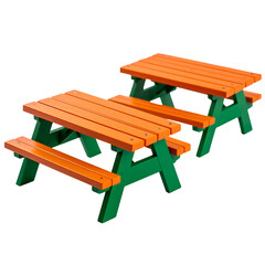 Two small, colorful picnic tables sit isolated against a solid black background