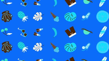 Enjoy a vibrant animated summer vacation with surfing, beach cocktails, palm trees, sunglasses, and tropical fruits, perfect for travel vlogs