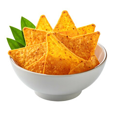 Golden triangular tortilla chips in a white bowl, accompanied by fresh green leaves