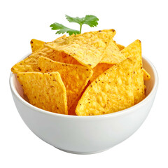 Close-up of tortilla chips in a white bowl with cilantro sprig on a black background