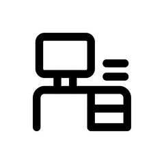 Illustration of a computer monitor on a desk with a drawer and two horizontal lines above it design
