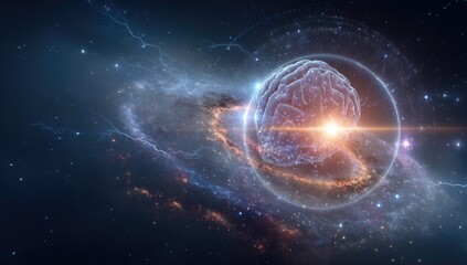 Obraz premium A luminous brain encased in a shimmering force field against a cosmic nebula backdrop