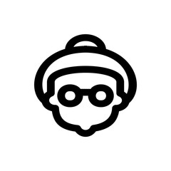 Illustration of an elderly woman with a bun, wearing glasses, depicted in a simple outline style icon