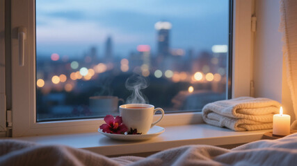 Cup of steaming hibiscus tea near window at twilight with candle and blanket creating warm cozy evening antioxidant relaxation mood