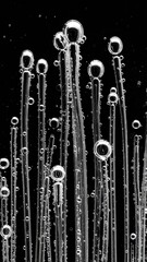 Abstract, vertical, fluid forms.  A close-up view of numerous, slender, light-gray threads or stalks, rising vertically from a dark background.  