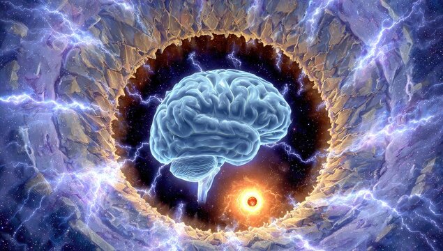 A glowing brain within an electric ring, surrounded by space, a mind's eye concept - Powered by Adobe
