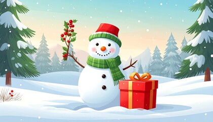 Snowman with gift in snowy landscape