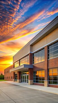School Building Exterior at Sunset