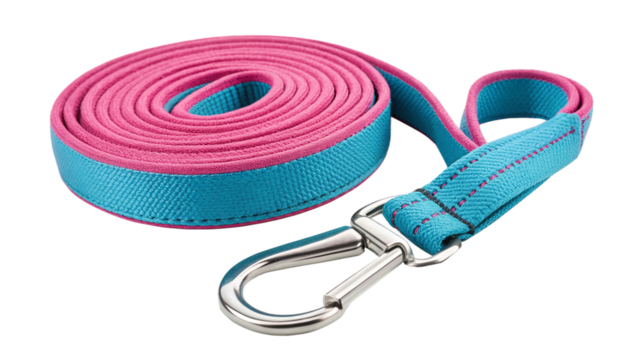 Rolled up pink and teal dog leash with metal clasp, isolated on transparent background