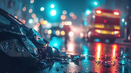 Car accident scene on a city street at night