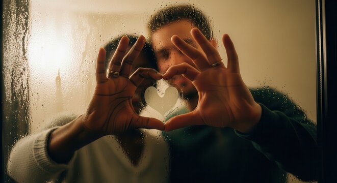 Diverse couple hands forming a heart on a steamy window with condensation, symbolizing love - Powered by Adobe