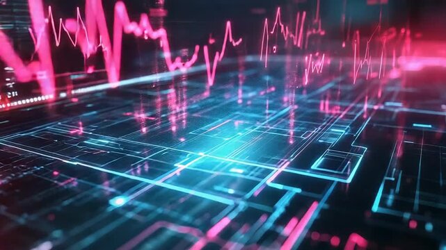 Digital data flowing through abstract circuit board graph