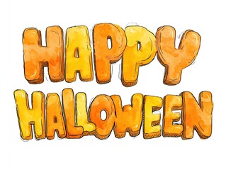 Happy Halloween Cartoon Font Design, Orange Yellow Color Theme, High Resolution Vector Watercolor Clip Art