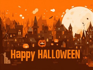 Cute Halloween Vector Scene Design, Enchanted Forest Full Moon Picnic Party, Animated Pumpkins and Spooky Buildings Cartoon Illustration