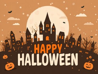 Whimsical Halloween Theme Illustration Background, Orange Black Color Cartoon Scene, Enchanted Forest Picnic with Animation Details Vector Design