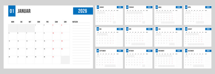 Germany 2026 calendar template set layout horizontal pages starts on Monday and notes. Clean design annual Jahresplaner Deutsch Kalendar