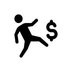 Silhouette of a person kicking a dollar sign, symbolizing financial loss or economic challenge, isolated on white