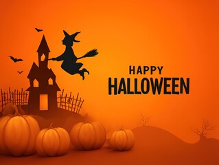 Halloween Theme Vector Illustration Background, Cartoon Pumpkin and Flying Witch, Happy Font Haunted House Scene Orange Tone Design Element