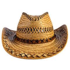 Light brown woven cowboy hat, detailed texture, brown band, and stitch edging, isolated