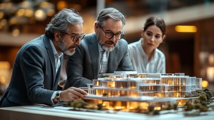 Architects and business partners examining a building model in a modern office. - Powered by Adobe