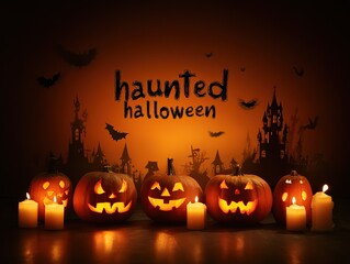 Warm Candlelight Halloween Setting, Spooky Castle Surrounded by Bats, Carved Pumpkins with "Haunted Hallowe'en" Theme Text Design