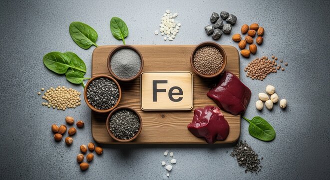 Diverse iron rich foods and supplements with fe symbol for essential nutrient intake