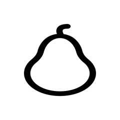 Illustration of a simple pear outline with a curved stem on top and a rounded base in black and white color
