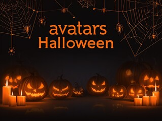 Avatar's Halloween Theme Banner, Orange Color Scheme Glowing Pumpkin Formation, White Wall Dark Silhouette and Spider Web Decoration