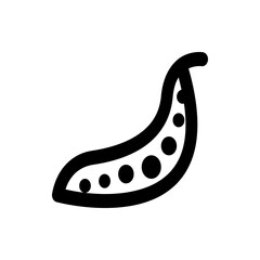 Illustration of a curved pea pod with visible peas inside in a simple black and white outline style