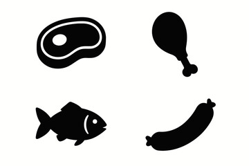 Silhouettes of steak, drumstick, fish, and sausage on white background