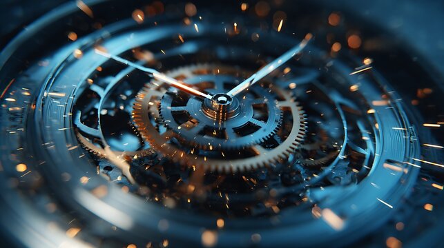 an intricate mechanical clock with multiple gears and pendulums in motion.