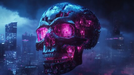 Glowing skull in futuristic cityscape