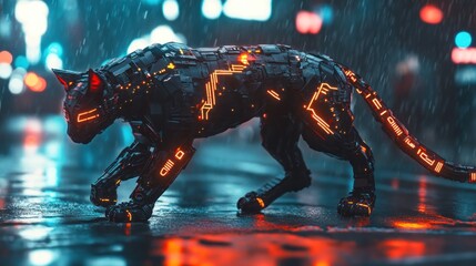 Cybernetic panther walking in a neon lit cityscape