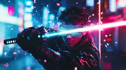 Person with futuristic eyewear wielding sword