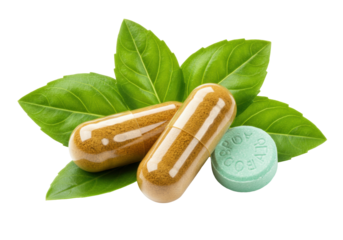 Isolated capsules and a tablet with green leaves, herbal remedy ingredients for medicines