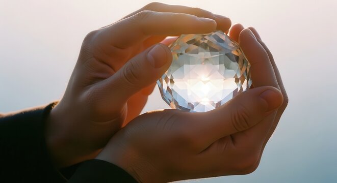 Delicate hands holding a clear faceted crystal sphere, refracting bright sunlight