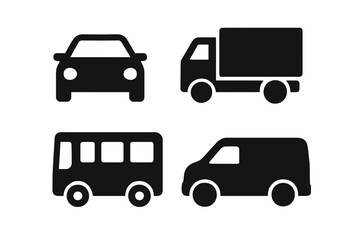 Silhouettes of car, truck, bus, and van icons on white background