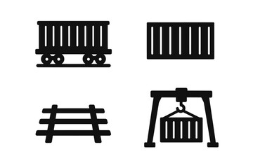 Rail transport icons: cargo cart, container, tracks, crane illustration set
