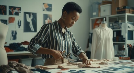 African american woman fashion designer meticulously cutting fabric in a vibrant studio