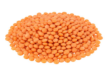 Isolated pile of reddish orange uncooked lentils on a neutral backdrop, healthy grains heap