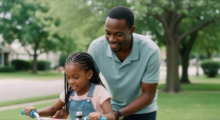 Black father teaching his smiling daughter to ride a bicycle outdoors on a sunny day.