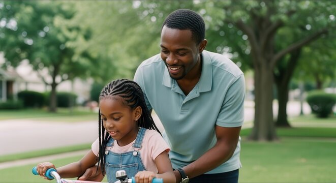 Black father teaching his smiling daughter to ride a bicycle outdoors on a sunny day.