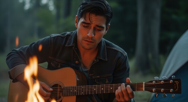 Soulful hispanic man playing acoustic guitar by a warm campfire in a forest