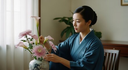 Elegant east asian woman in traditional attire carefully arranging pink flowers in a ceramic vase
