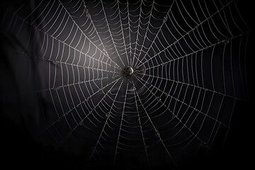 Fototapeta premium Spider web. Halloween. Intricate spider web adorned with droplets of dew is beautifully displayed against dark background, highlighting delicate craftsmanship of nature and artistry of spider creation