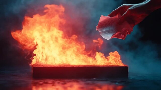 Burning Box Experiment - Hand with Cloth Near Flames.